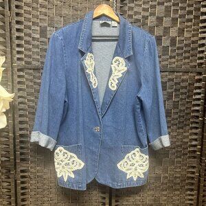 Joanna Vintage Denim w/ Doily Lace Pattern Blazer Jacket Size XL